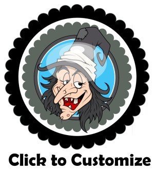 Printable round label with a picture of a witch