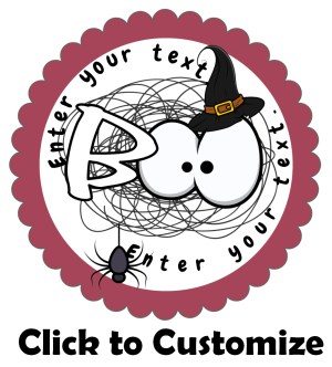 Label that reads "Boo" and has a picture of a witches hat and a spider
