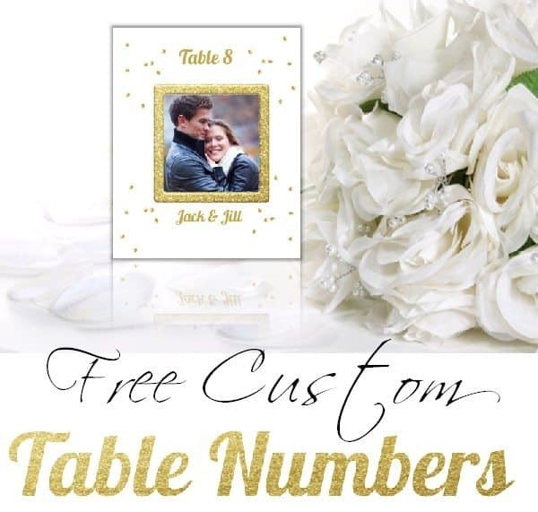 Free printable table numbers for a wedding with a photo of the bride and groom